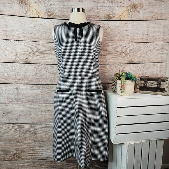 Talbots Dresses & Skirts - Talbots Black White Houndstooth Sheath Dress Bow Neck Sleeveless Size 6